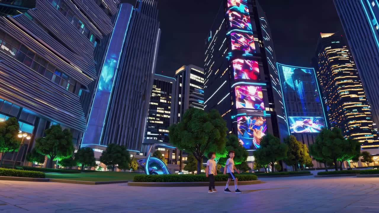 Two children walking in a futuristic city at night