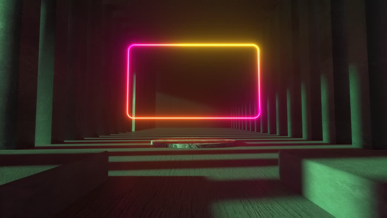 stanza vuota luminosa al neon con piattaforma di esposizione dei prodotti