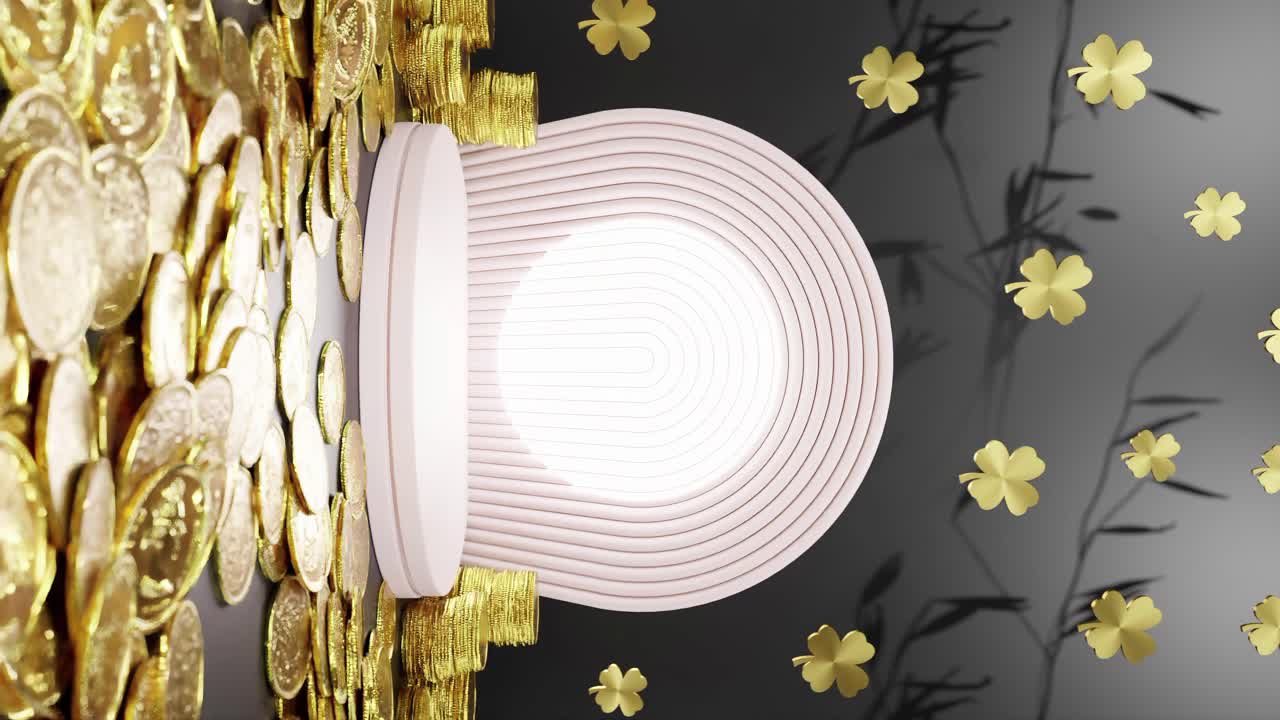 전자 상거래 온라인 판매 상점에 대한 디스플레이 제품 아일랜드 4 잎 클로버 하늘에서 떨어지고 금 동전, 행운의 휴일 축하