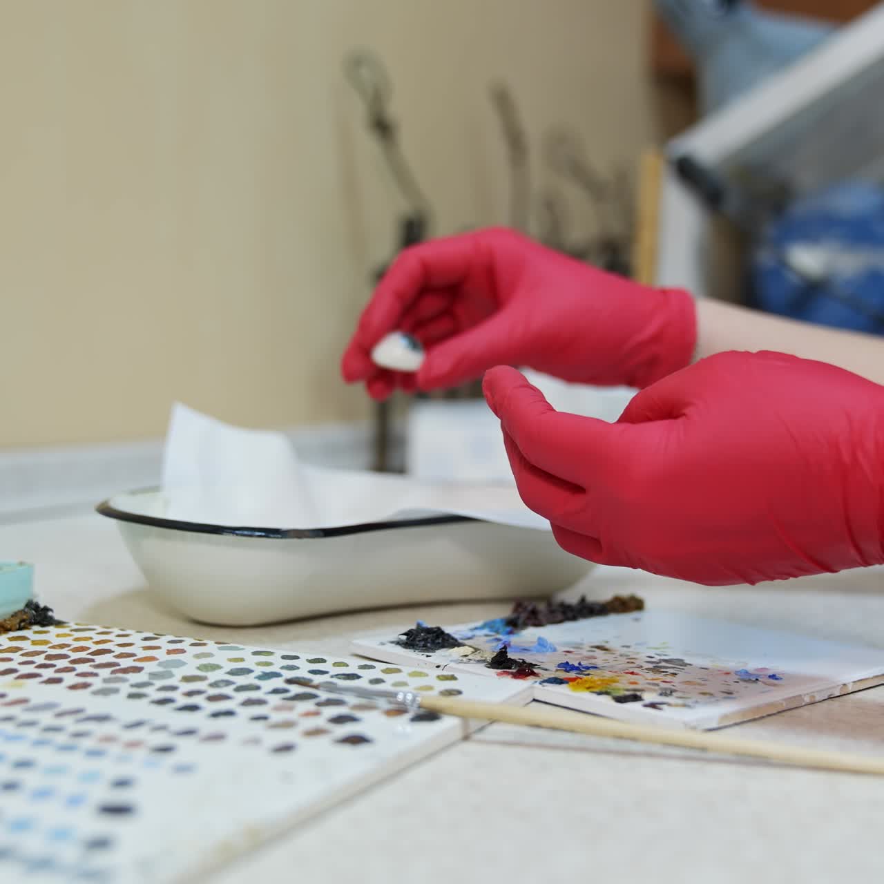 Ophthalmologist or surgeon holds an eye, eyeball prosthesis in hands . Concept video for ocular prosthesis, diagnosis treatment of ophthalmic diseases, surgical operations on eyes