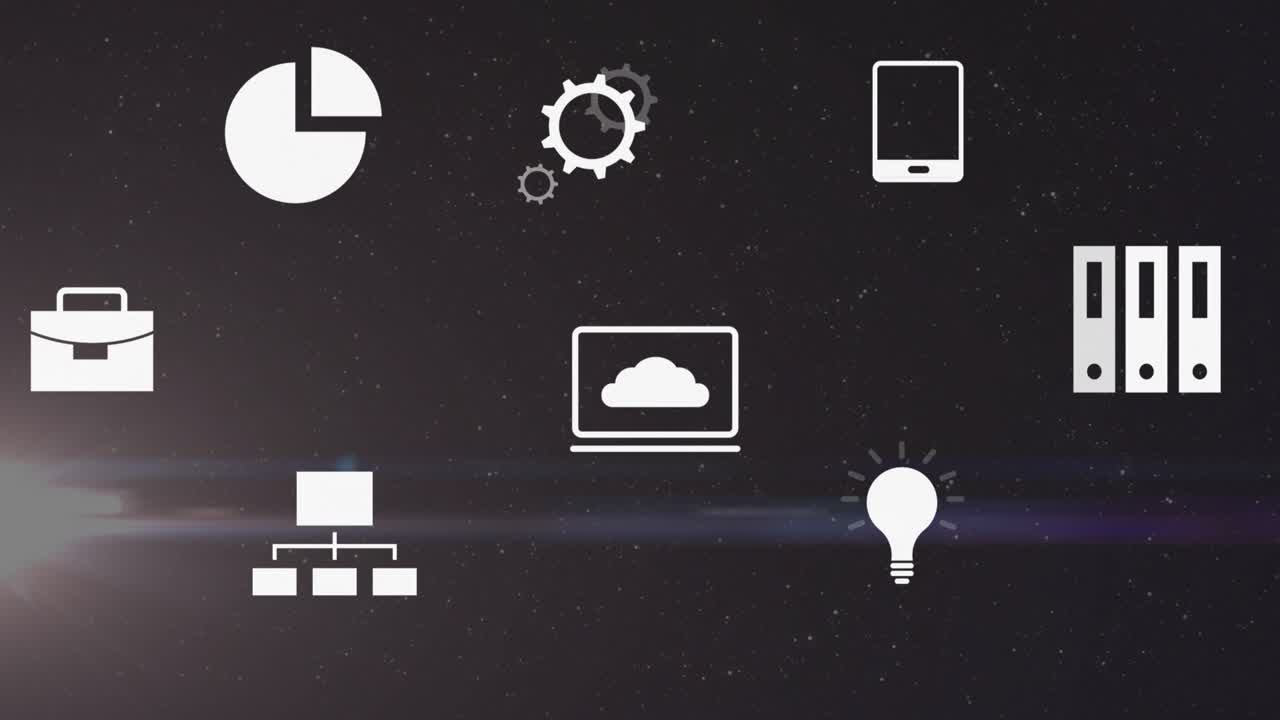 Comienza en un campo estelar con ocho iconos blancos que se difuminan, pulsan, giran y cambian para crear una animación rítmica