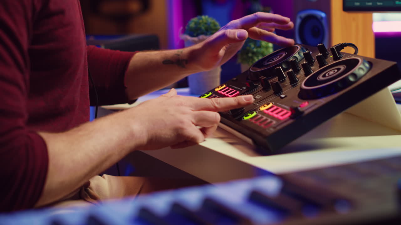 ingeniero de audio utiliza la placa de mezcla para crear una nueva canción en el estudio de grabación en casa