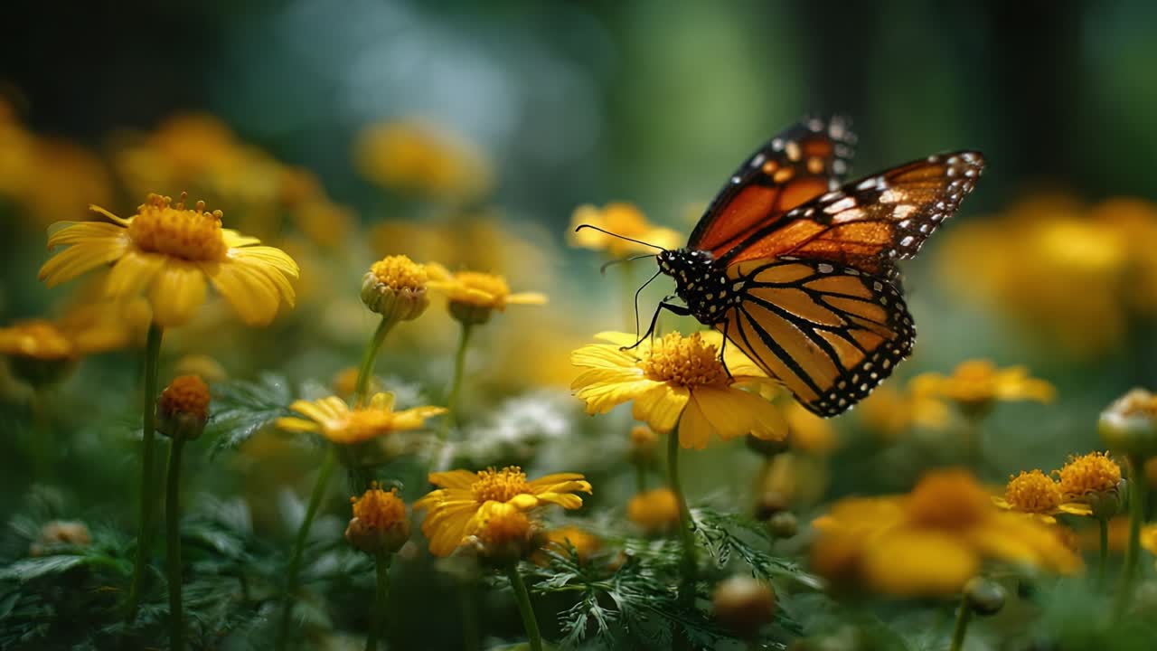 A Beautiful Monarch Butterfly Delicately Lands on Vibrant Yellow Flowers Amidst a Lush, Green Garden, Capturing the Essence of Nature's Splendor and the Joy of Spring