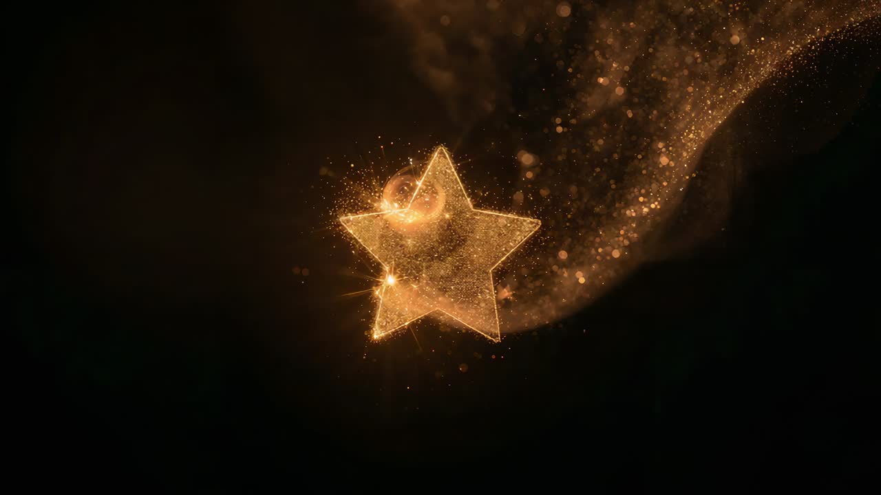 Pulsing fivepoint star core brightening, emitting golden motes into dark void, forming ribbon