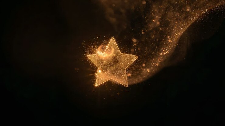 Pulsing fivepoint star core brightening, emitting golden motes into dark void, forming ribbon