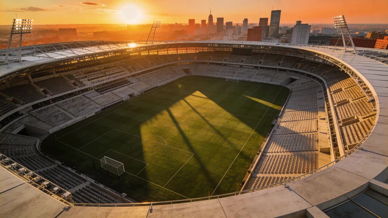 Sole che si muove, inondando lo stadio di luce calda e proiettando lunghe ombre angolari sul campo e sui pali della porta.