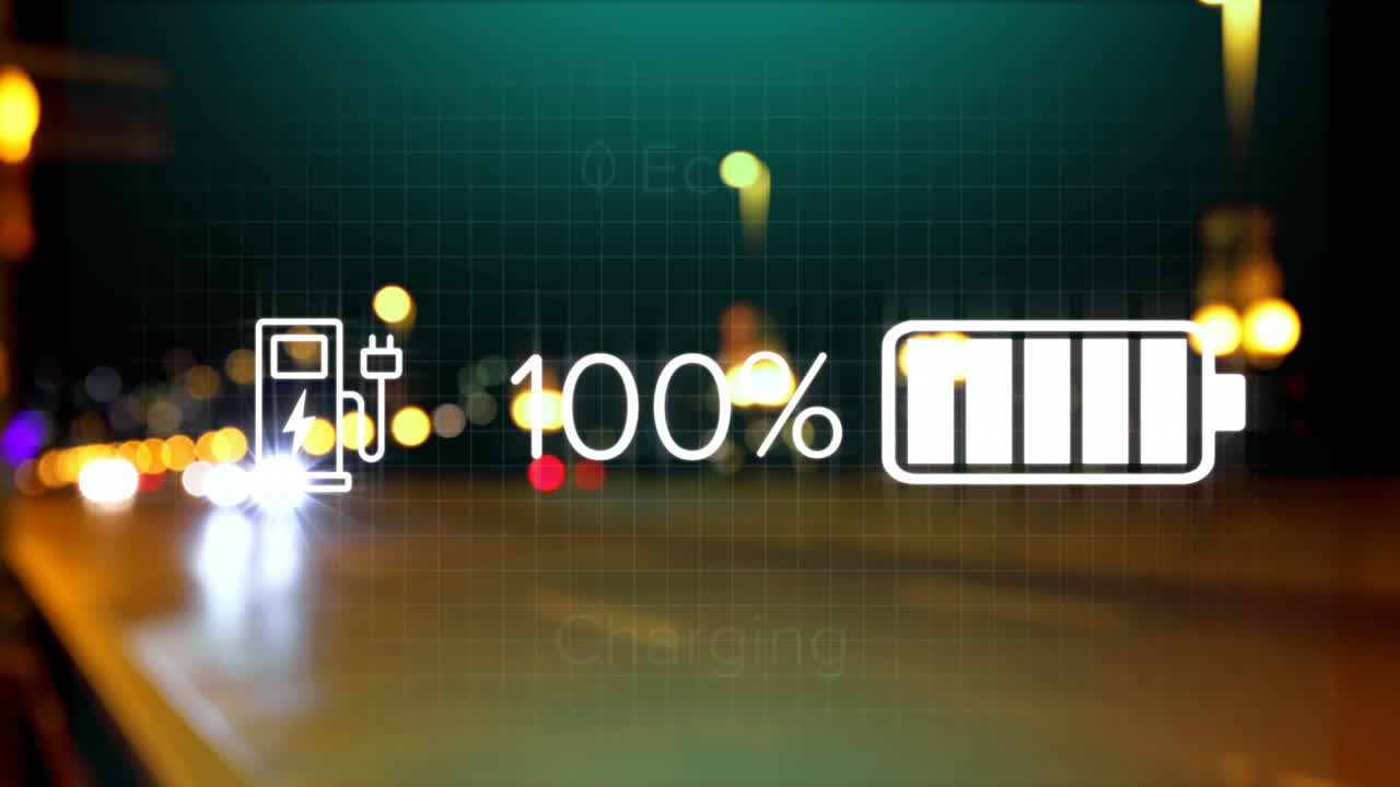 Animation of interface with charging battery icon and speedometer over road
