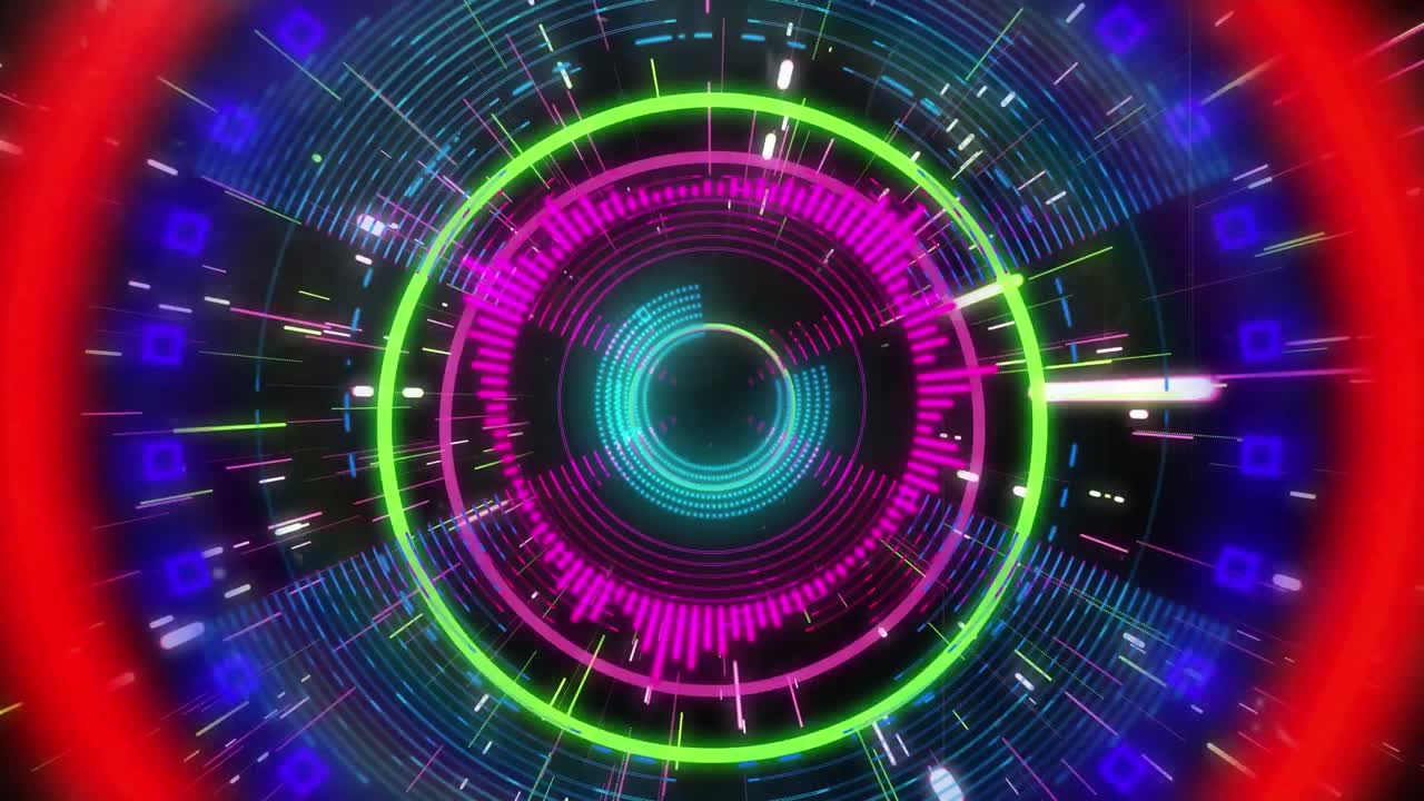 animación de formas de neón que se mueven sobre el escaneo del alcance.