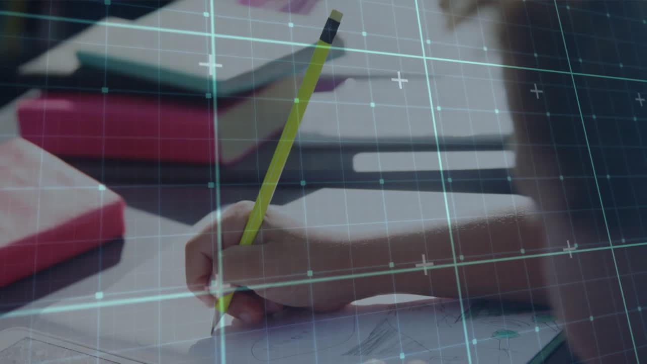 Boy sketching mountain on paper with yellow pencil, displaying digital grid overlay for education