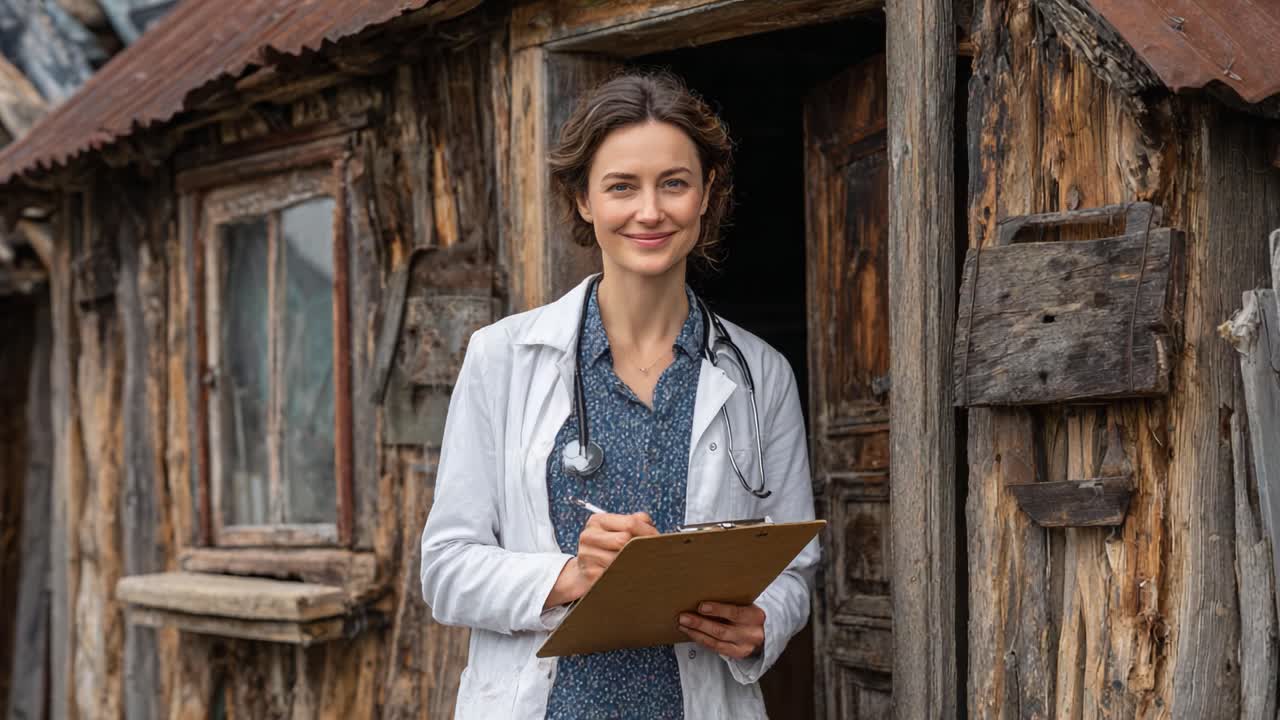 A Smiling Medical Professional Standing at the Doorway of a Rustic Cabin, Ready to Assist with Compassionate Care in a Rural Setting