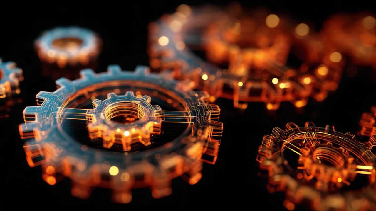 Glowing glass gears with integrated circuits rotating in a synchronized mechanical system, representing industrial innovation, engineering concepts, advanced automation, and complex machinery