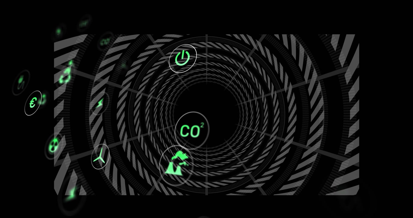 3D tunnel rotating icons orbiting then highlighting recycling centering factory showing energy info