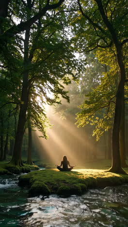 woman meditating in a forest at sunrise