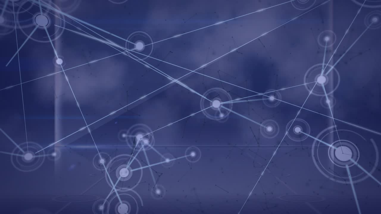 Central ring emitting lines and spawning dots, links extending and joining sides, showing network
