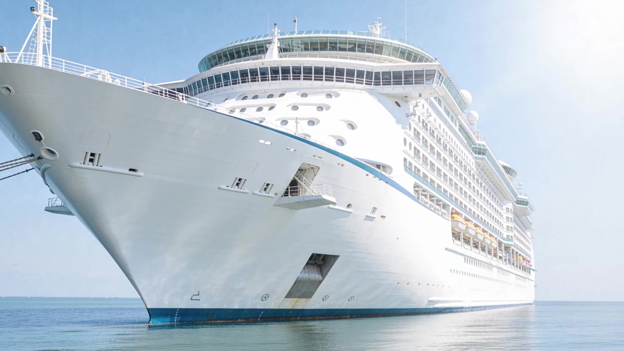 Una grande nave da crociera bianca avanza in mare aperto, mentre la telecamera si allontana per mostrare i ponti.