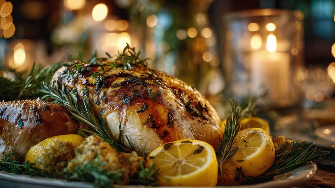 A Gourmet Feast: Succulent Roast Chicken with Herbs and Lemon, Perfectly Arranged on a Plate Surrounded by Fresh Greens and Candles for an Elegant Dining Experience