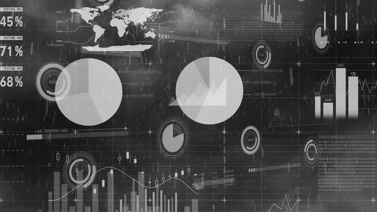 animación de la interfaz infográfica sobre los círculos de carga en la lluvia contra el cielo nublado