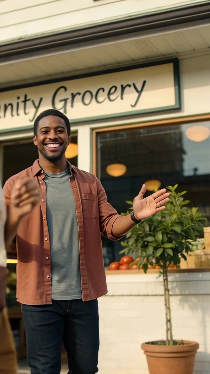 Vertical video: Welcoming man in rust shirt waving, customer passing with bag at Community Grocery