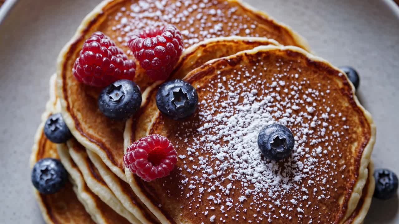 Close-up, top-down view of fluffy pancakes topped with raspberries, blueberries, and powdered sugar