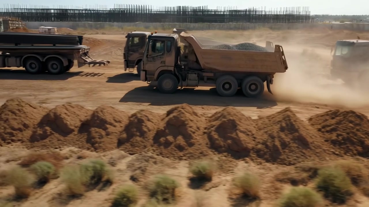 To dumperlastbiler bevæger sig side om side hen over en støvet, tør byggeplads, den ene bærer mørkt grus i et hævet lad, mens begge skaber drivende støvskyer, der viser tung transport under klar sol.