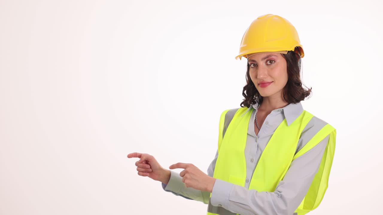 Woman Engineer in Safety Gear Pointing to the Side
