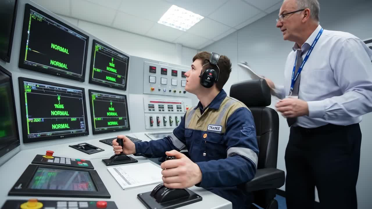 Ingegnere tirocinante e istruttore che lavorano in una simulazione critica della sala di controllo