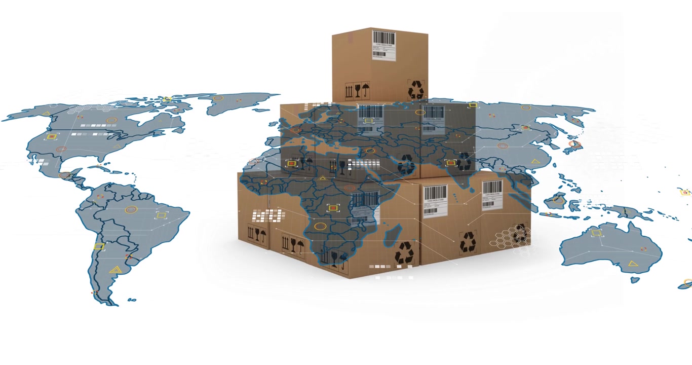Animation of world map over boxes on white background