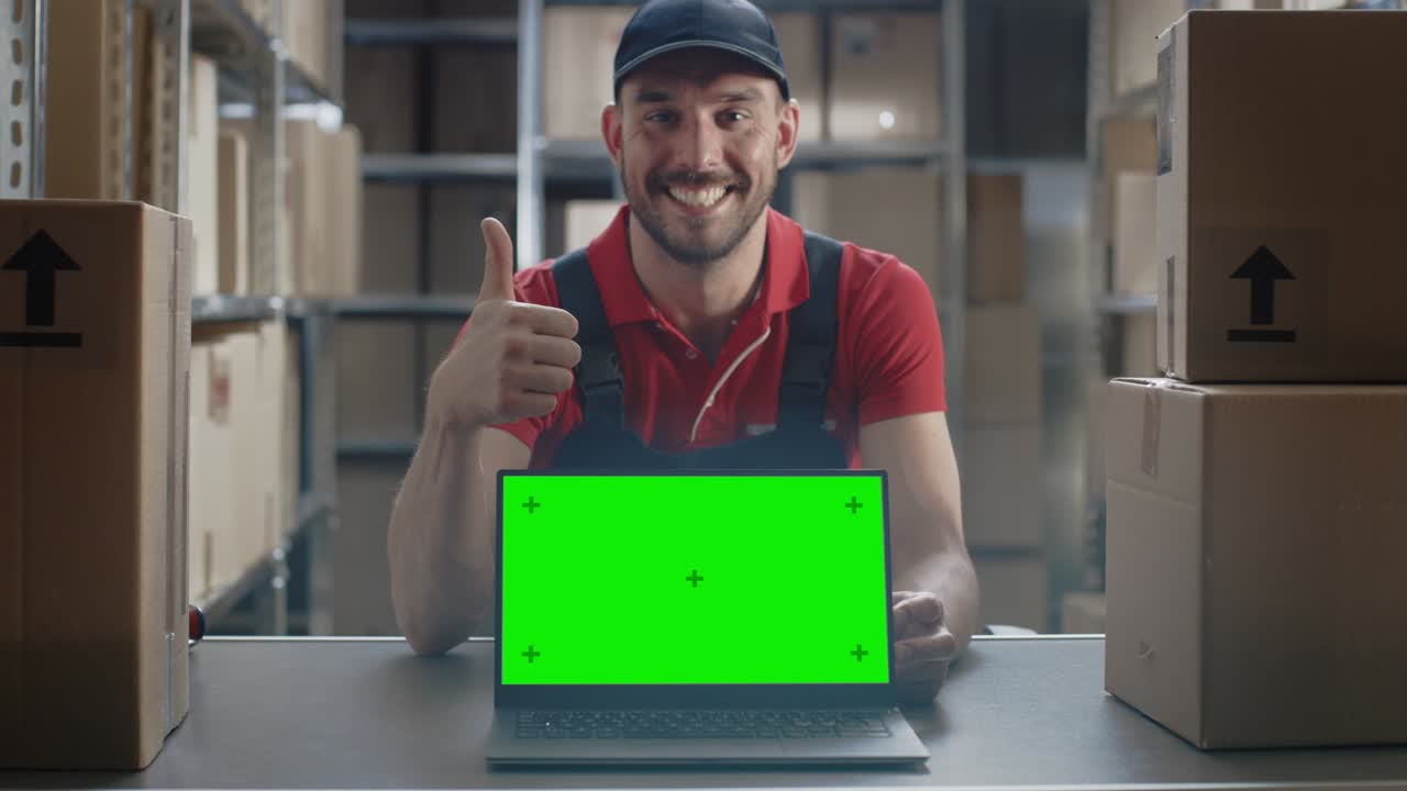 trabajador feliz señala el portátil, muestra los pulgares hacia arriba y el portátil con pantalla de maqueta verde.