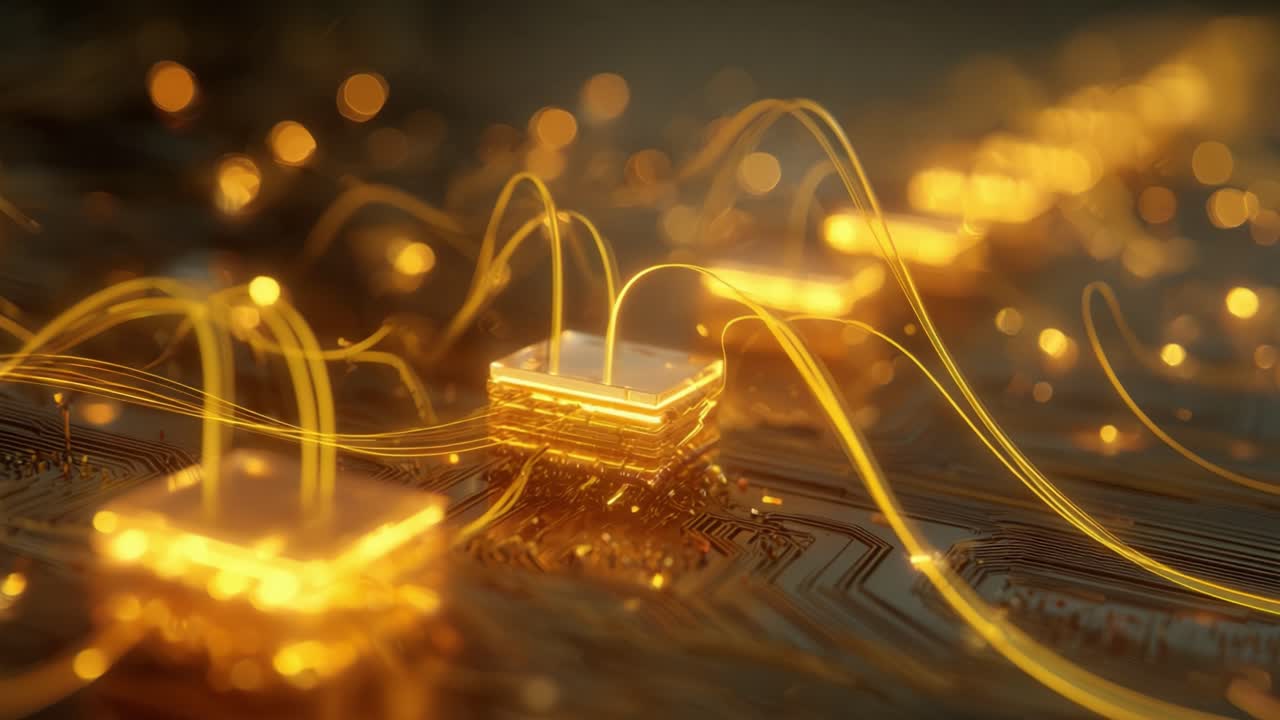 Abstract concept of a powerful computer processor sending signals and data through a futuristic circuit board, representing advanced technology, AI, and the rapid flow of digital information