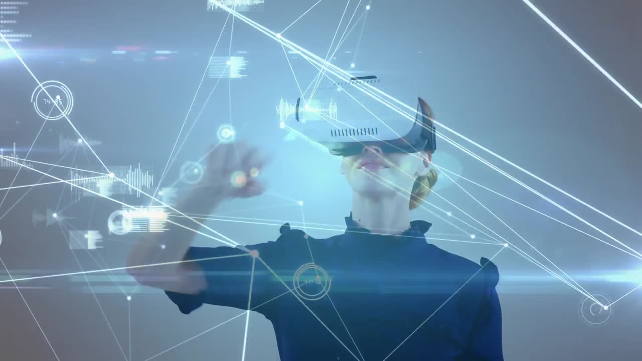 Animation of network of connections over businesswoman wearing vr headsets
