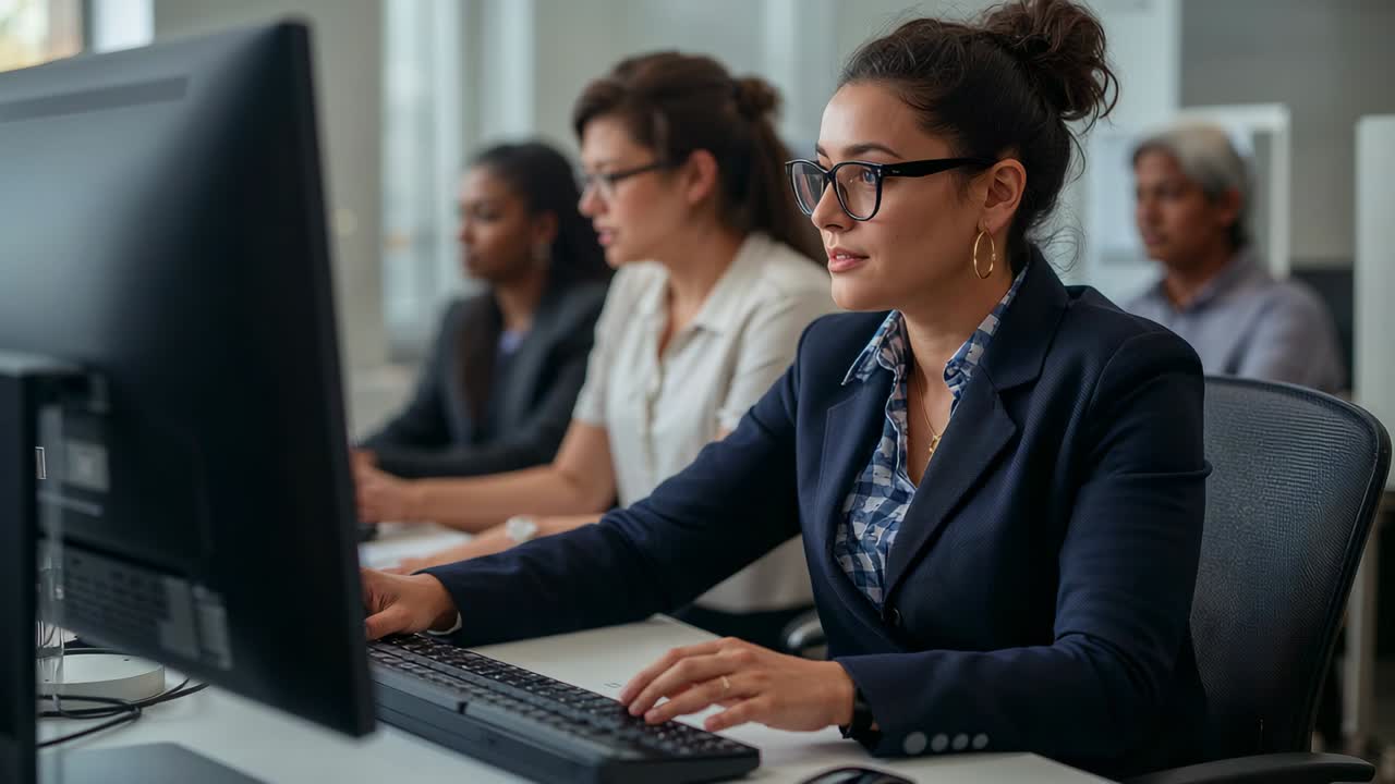 Camera moving showing woman in navy blazer switching mouse, keyboard at office monitors, reviewing