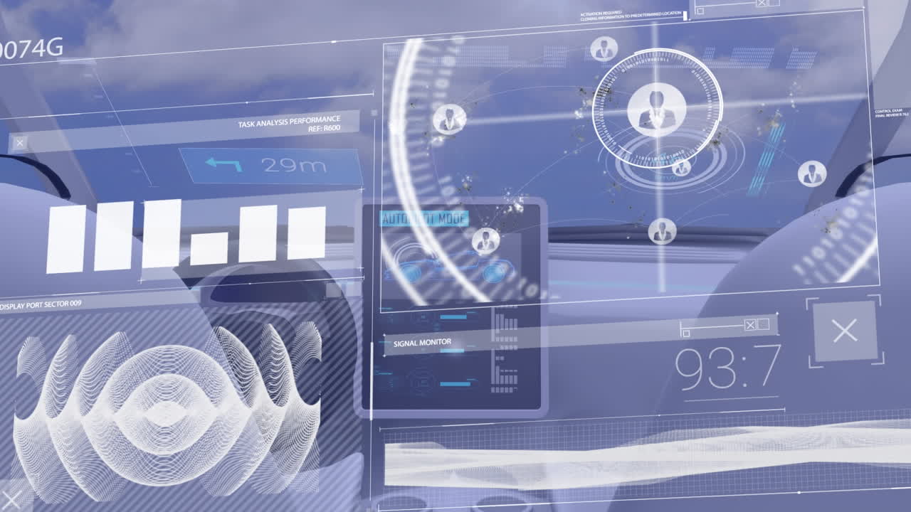 Animation of interface with data processing over interior of a car flying in the sky