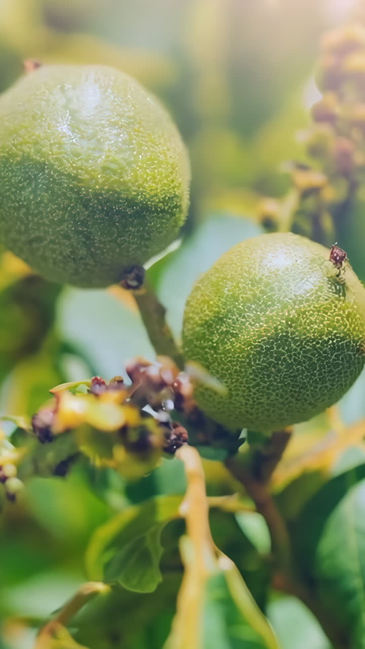 A bunch of green nuts hanging from a tree. The nuts are green and have a hard shell