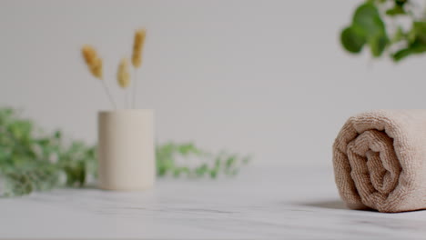 still life of natural dried grasses in ceramic vase with green plant and soft towels as part of relaxing spa day decor