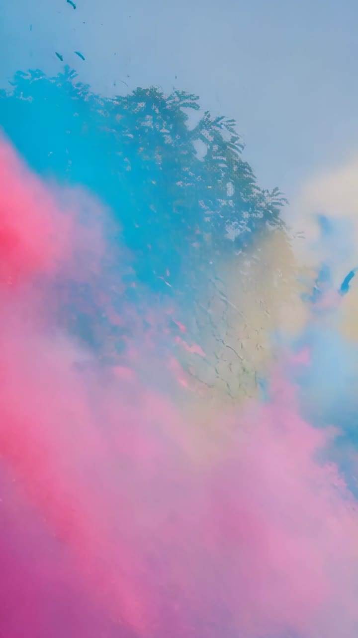 Vertical video: Emerging pink smoke plume at park, mixing blue haze, yellow tint, obscuring foliage