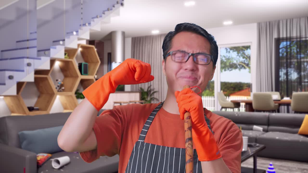 Close Up Of Asian Male Housekeeper With An Apron Singing To The Sweeping Broom While Standing In House