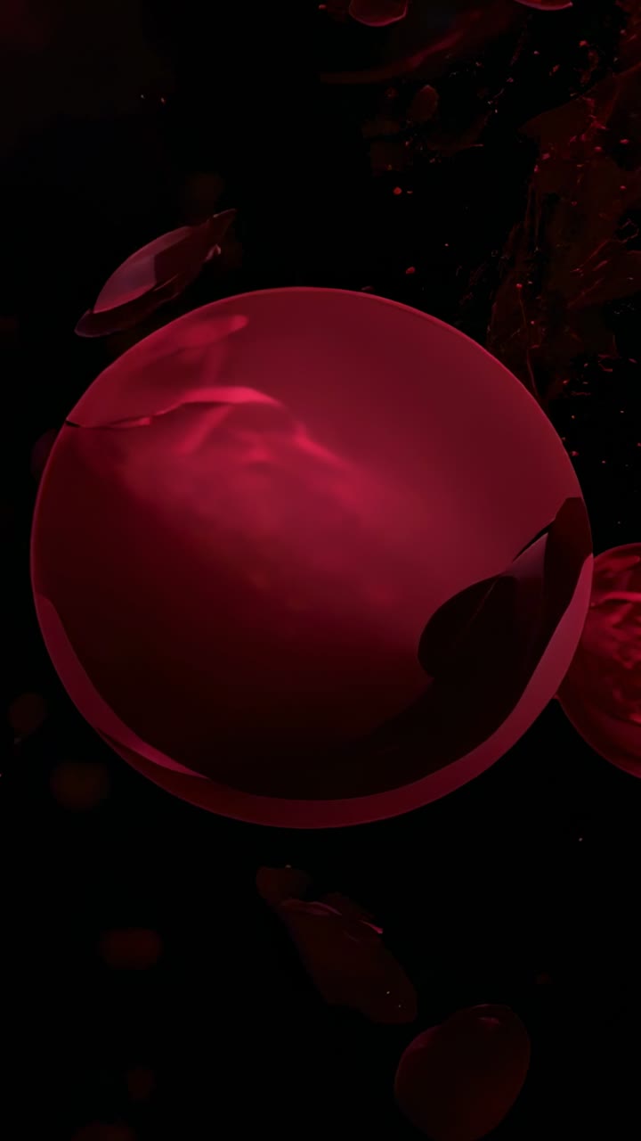 Vertical video: Emerging red sphere moving toward center in dark void, showing petals and particles
