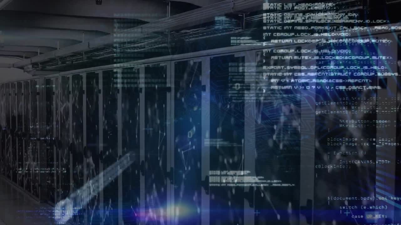 animación de la red de conexiones con procesamiento de datos a través de la sala de servidores.