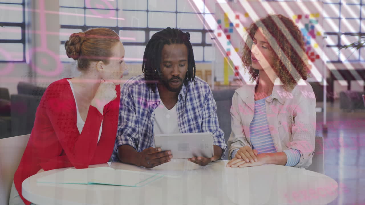 Animation of financial data processing over diverse business people in office