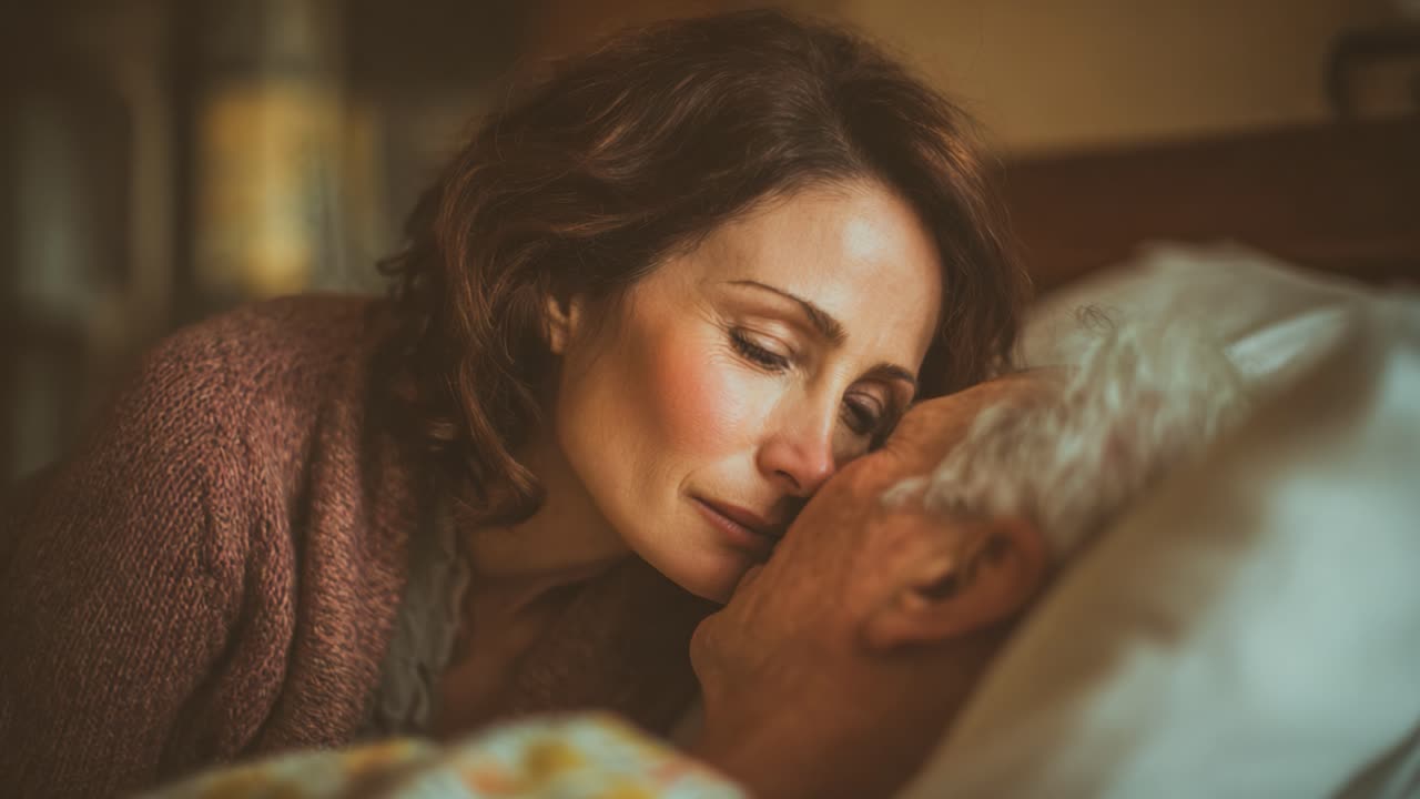 Un Abbraccio Sincero: Un Momento Tenero Tra una Donna Premurosa e un Uomo Anziano in un Ambiente Sereno, Catturato in una Scena Sottile ma Carica di Emozione