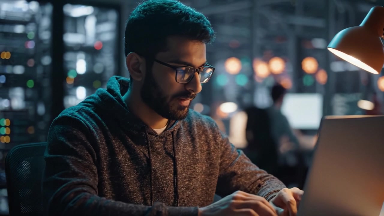 Focused Individual Engaged in Computer Work During Nighttime in a Dimly Lit Environment Full of Technology and Electronic Equipment Surrounding Him