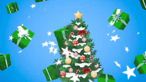 animación de estrellas caída y regalos sobre el árbol de navidad