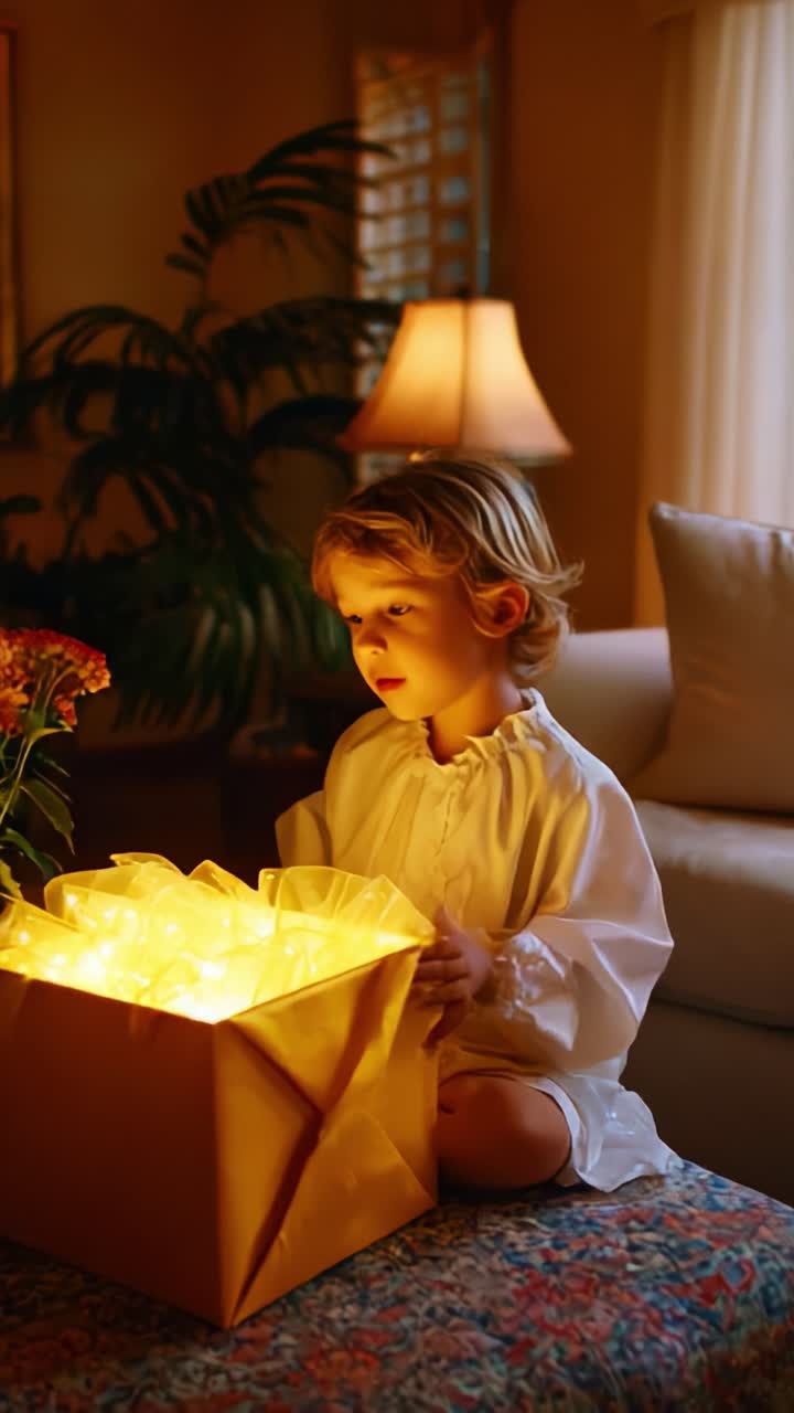 A Curious Child Delights in Unwrapping a Mysterious Gift, Illuminated by a Warm Glow in a Cozy Living Room Setting During a Serene Evening, Capturing Wonder and Anticipation