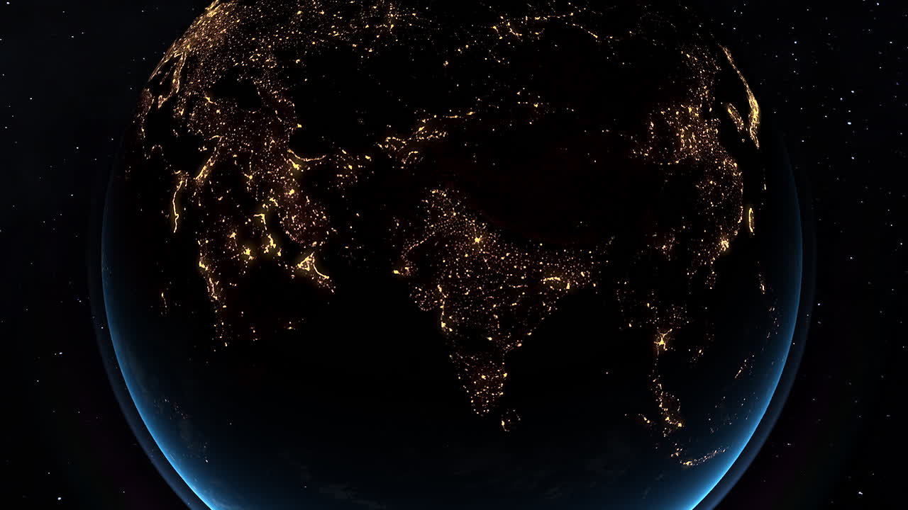 우주에서 밤에 조명된 아시아의 지구의 전망