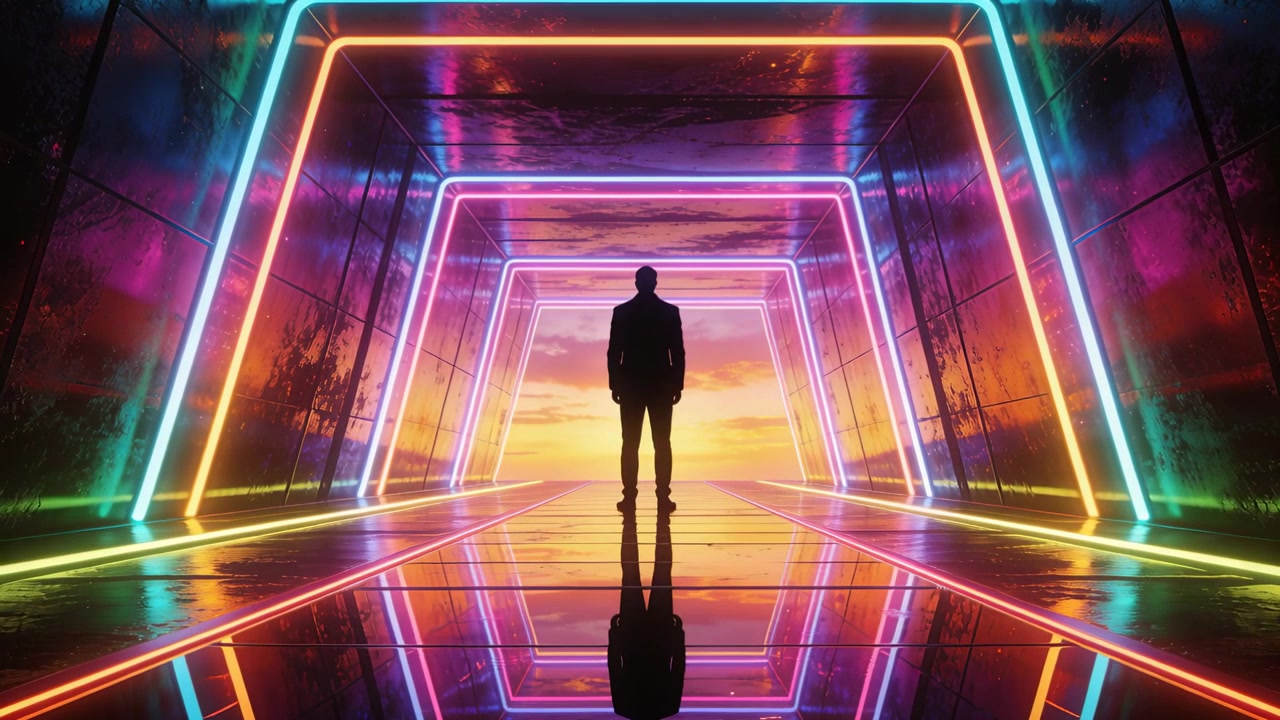 Fotogrammi che mostrano un uomo in completo in piedi di fronte a un tunnel al neon verso un'uscita luminosa, con pavimento riflettente.