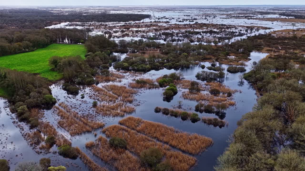 Droneoptagelser afslører et stort oversvømmet landskab af rørskove, vandmættede marker og bart vinterlandskab. Brière Regionale Naturpark