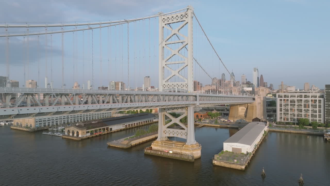 Aerial view of Philadelphia's Ben Franklin Bridge. Shot along the Delaware River at sunrise on a summer morning