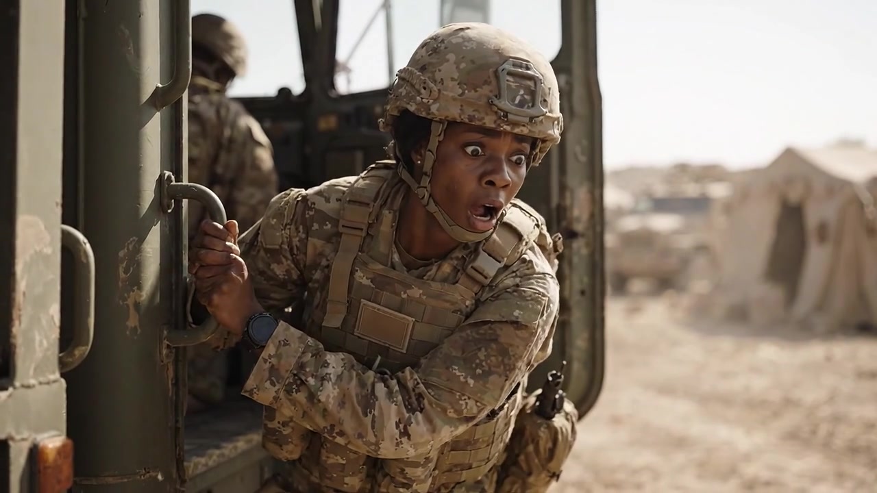 Un soldato naviga con perizia il veicolo militare, migliorando l'efficienza operativa in un ambiente desertico e dimostrando dedizione e lavoro di squadra tra i commilitoni.