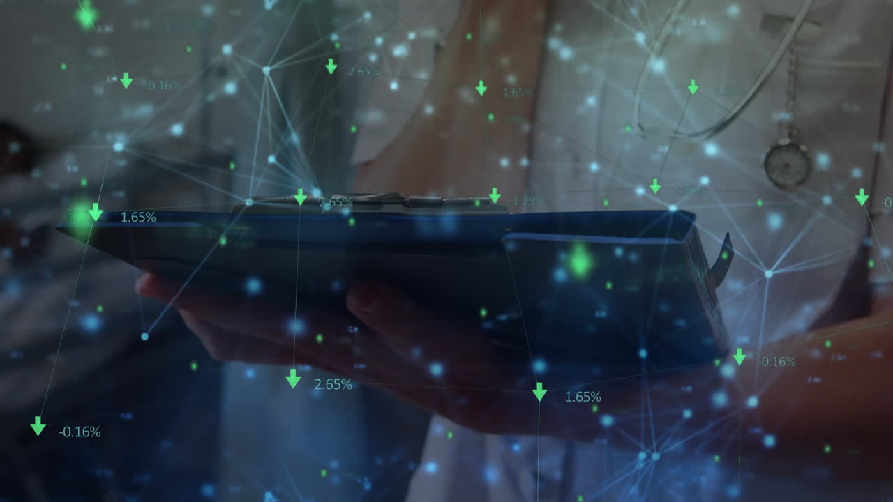 Doctor notes on clipboard amidst glowing network, symbolizing medical research and global connection