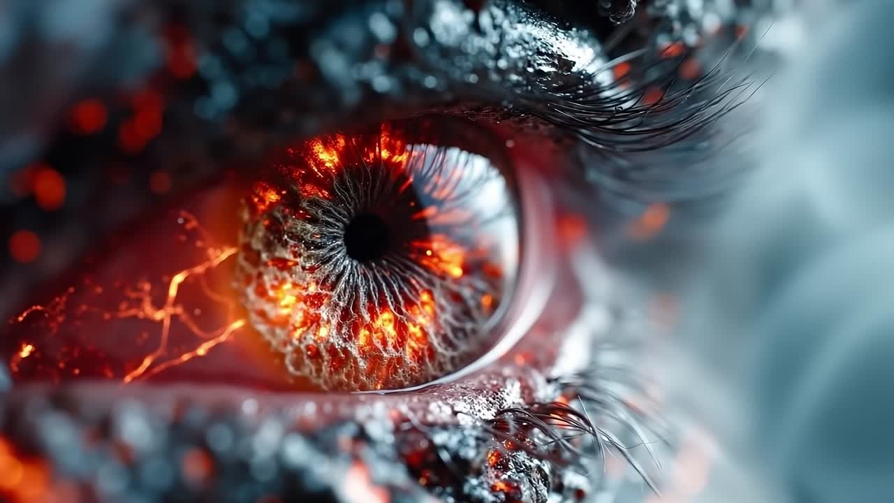 A close up of a person's eye with red and black paint on it